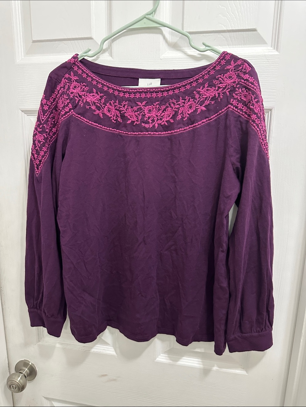 J. Jill Purple Long-Sleeve Top with Pink Floral Embroidery